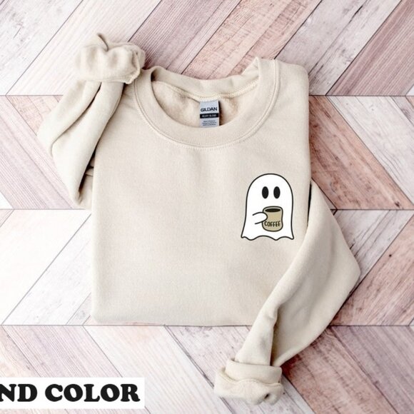Cute Spooky Coffee Sweatshirt Ghost Halloween Fall Coffee Lover Cozy Pullover 05 - Picture 1 of 5